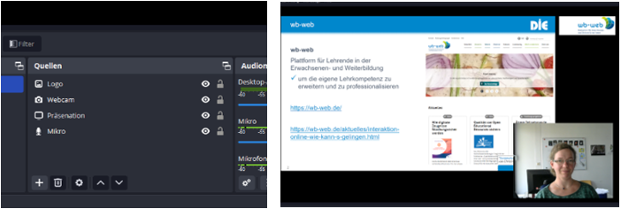 Bild: OBS Studio Das Bild zeigt links einen Screenshot vom Quellenbereich in OBS Studio, in dem vier Quellen eingebunden sind und rechts den Screenshot des daraus resultierenden Bildschirms.